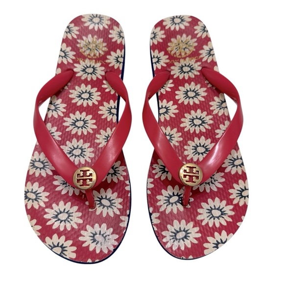 Tory Burch Shoes - TORY BURCH RED NANTUCKET DAISY FLORAL FLIP SANDALS Size 9
